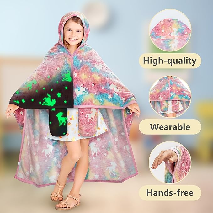Unicorn Glow In The Dark Wearable Blanket For Girls- Soft Warm 52"X60" Flannel Fleece Unicorn Gifts For Girls Age 8-10, 6-8, 4-6, Hooded Throw Blanket Gift For Kids