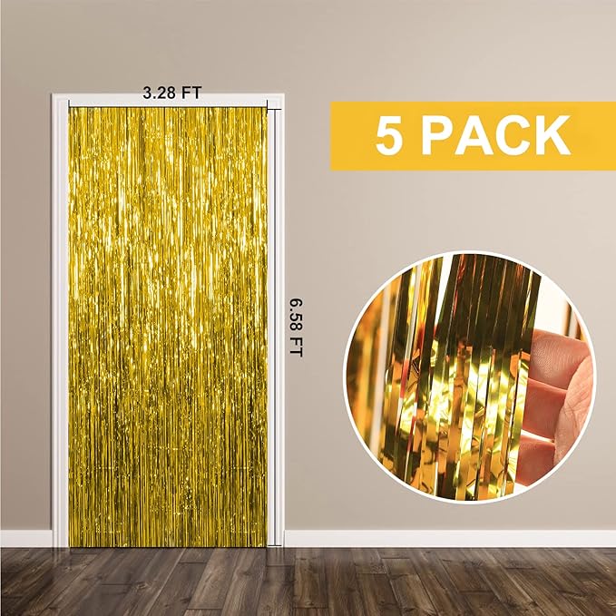 5 Pack Foil Curtain Backdrop Gold Metallic Tinsel Foil Fringe Curtains Photo Booth Props for Birthday Wedding Engagement Baby Shower Bachelorette Christmas Holiday Celebration Party Decorations