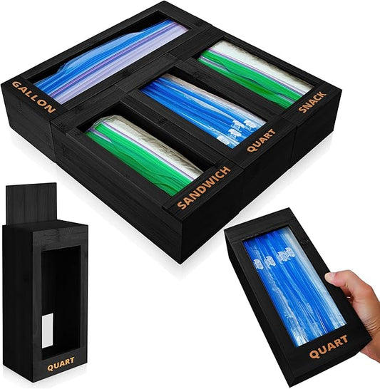 Bag Storage Organizer - Bamboo Food Plastic Baggie Holder, Dispenser, and Container for Kitchen Drawer - Fits Major Brand's Gallon, Quart, Sandwich & Snack Sized Slider Bags (Black)