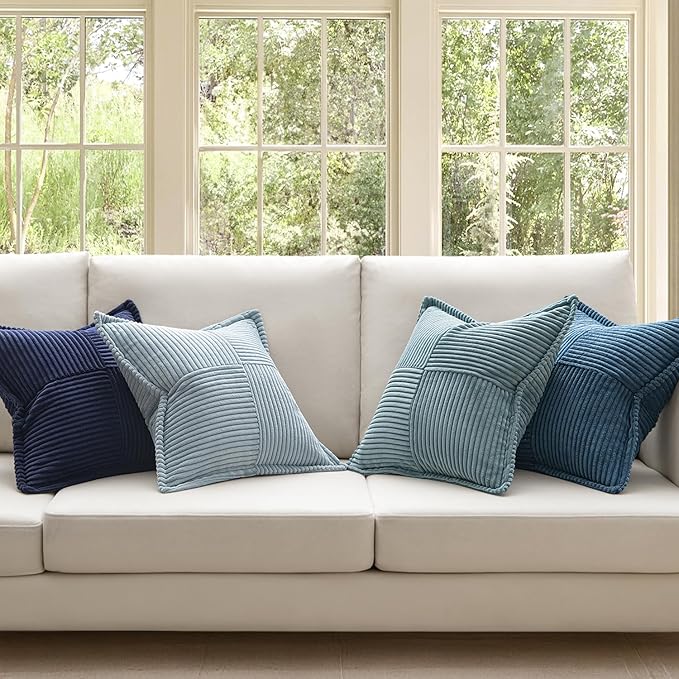 MIULEE Dusty Blue Navy Throw Pillow Covers 18x18 Inch 4 Packs Soft Boho Decorative Gradient Series Pillow Cases Farmhouse Euro Cushion Covers for Couch Sofa Bed Corduroy Striped Home Decor