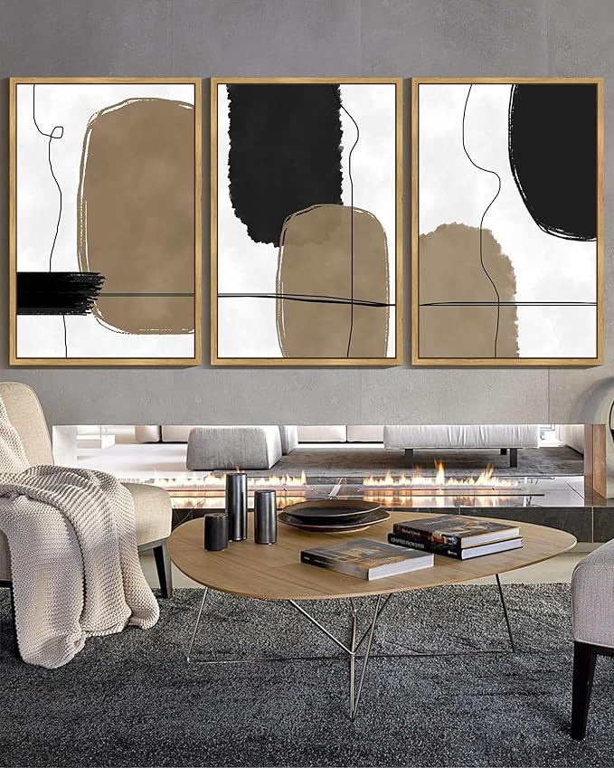 KUVIOKE Abstract Wall Art Framed Neutral Beige Mid Century Textured Artwork Black Minimalist Line Modern Illustrations Bedroom Hallway Ready to Hang 24x36in (Natural Framed)