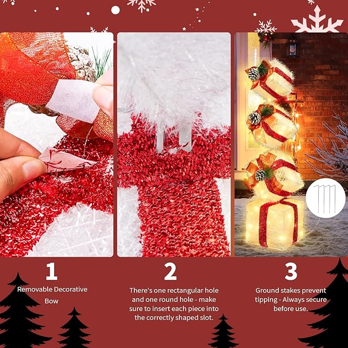Christmas Lighted Gift Boxes Decorations Set of 4, 3.6Ft Stackable Christmas Nesting Boxes Battery Operated for Home and Party Decoration (10"-8"-6"-5", Red Bow)