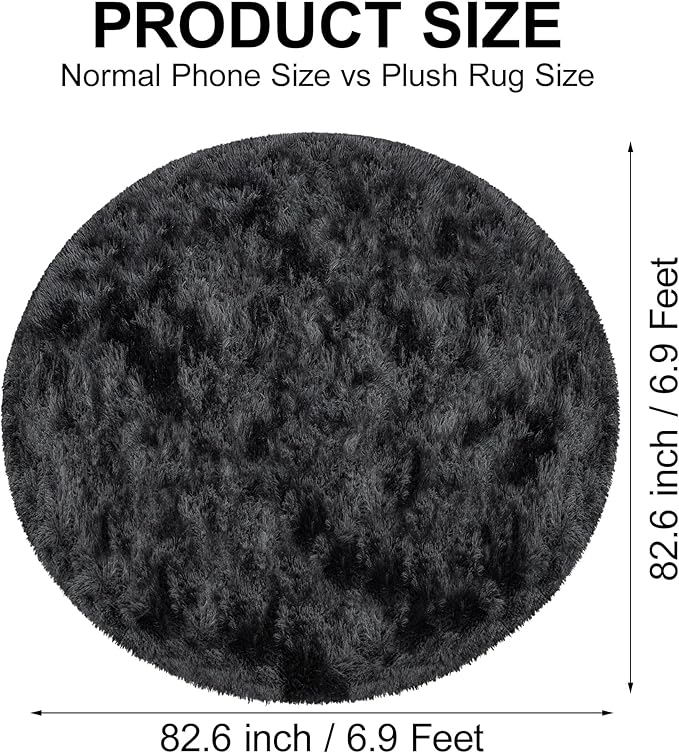 7x7 ft Tie Dye Black Round Rug for Bedroom Room Fluffy Circle Rug Furry Carpet Shaggy Circular Fuzzy Washable Non-Slip Large Area Rug Soft Indoor for Living Room Cute Aesthetic Home Decor