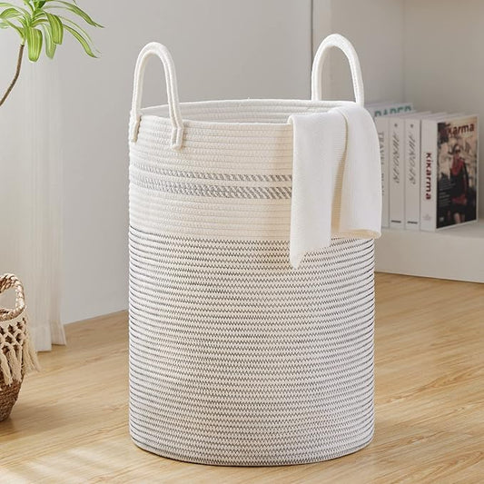 Fiona's magic 72L Large Woven Rope Laundry Hamper, Tall Laundry Basket Storage, Baby Nursery Hamper for Blankets, Toys and Clothes Hamper for Bedroom and Living Room Organizing, Jute, White