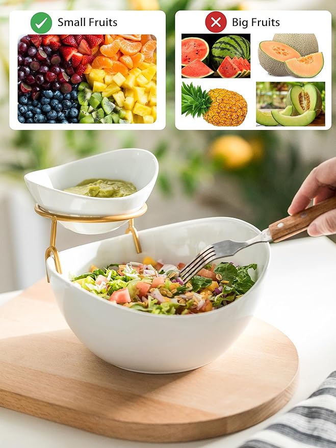 YHOSSEUN Chip and Dip Serving Set 2 Tiered Chip Dip Bowls with Metal Rack for Appetizer, Snacks - Large Chip Bowl 45 oz Small Dip Bowl 7 oz-Serving Bowls for Party, Food Dispaly - Gold Stand