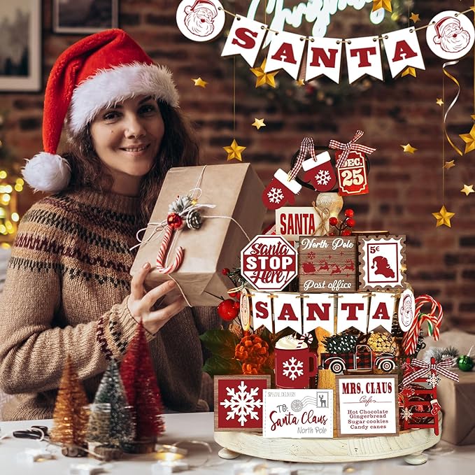 17 Pcs Christmas Tiered Tray Decor Set Winter Tiered Tray Decorations Farmhouse Tabletop Centerpiece Christmas Wooden 3D Sign for Xmas Home Buffalo Plaid Rustic Table Decoration(Classic)