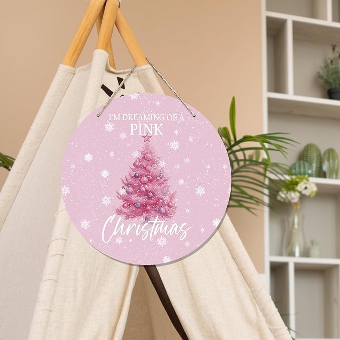 CGBHW Pink Christmas Tree Wooden Sign, Winter Holiday Theme Hanging Sign Wall Decor for Girls Room Home College, Aesthetic Christmas Xmas Snowflake Door Decor 12 x 6 Inch