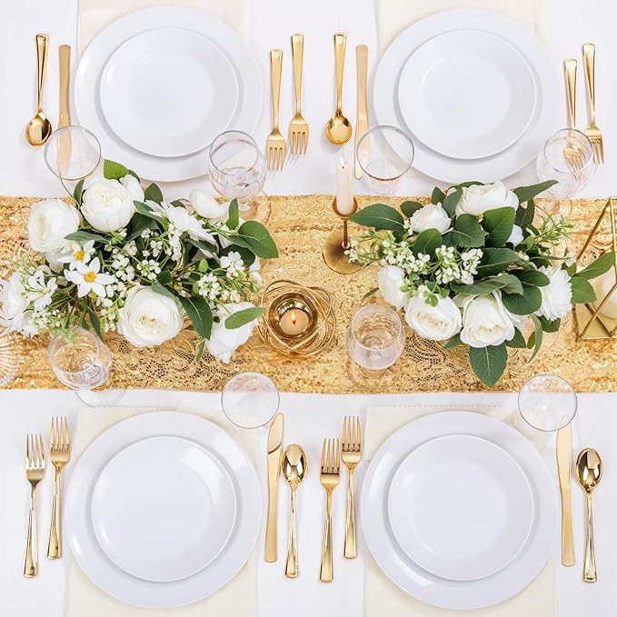 Nervure 100Pcs White Plastic Plates - 10.25inch Disposable White Dinner Plates - Heavy Duty Plastic Plate Ideal for Wedding & Party