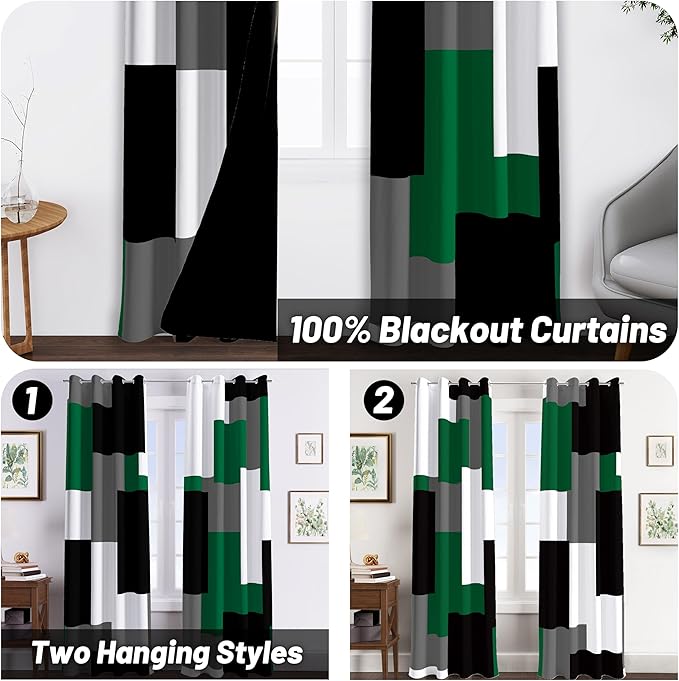 Green Blackout Curtains for Bedroom 84 inch Length 2 Panels Set Black Grey White Modern Abstract Geometric Black Out Curtains Insulated Room Darkening Window Drapes for Living Room, 52Wx84L