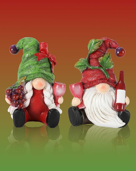 2-Pack Resin Fall Gnome Figurines with Red Wine & Grapes Theme, Whimsical Gnome Gifts Home Decor for Thanksgiving Table Decor Christmas Decorations Indoor Holiday Ornaments (Grape Gnomes)