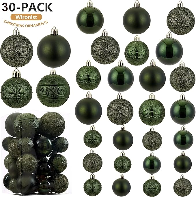 Wironlst Christmas Ball Ornaments - 30pcs Shatterproof Plastic Christmas Ornaments Hanging Ball Decorations for Xmas Tree, Holiday, Wedding, Party (Multi-Size, Dark Green)