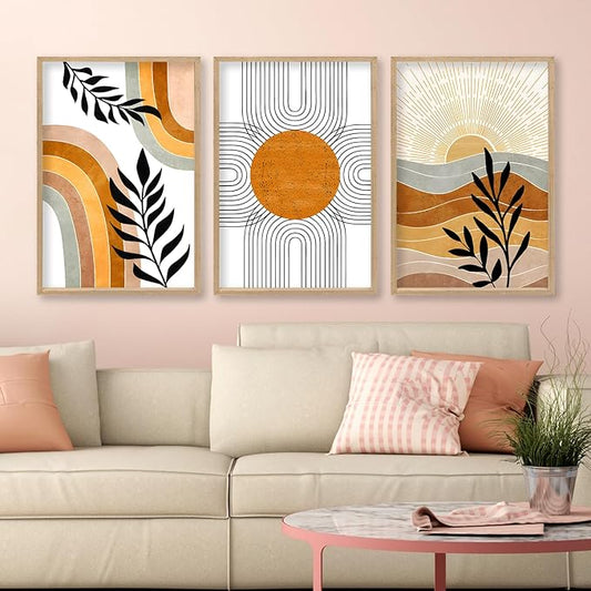 Geometric Sun Desert Plant Wall Art 16"x24" Set Of 3 Boho Wooden Framed Abstract Minimalist Sign Living Room Aesthetics Botanical Nature Illustrations Bedroom Office Wall Hanging Decor (Wood)