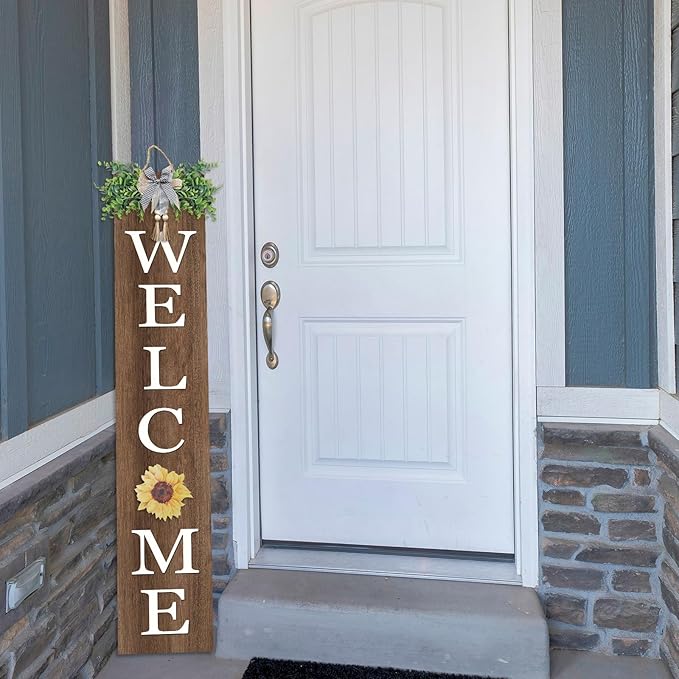 Interchangeable Outdoor Welcome Sign for Front Porch Standing 47"×8" Set of 3 Large Wood Frame with 12 Pcs Icons Vertical Tall Leaner Outside Welcome Sign for Front Door Decor(Wood)
