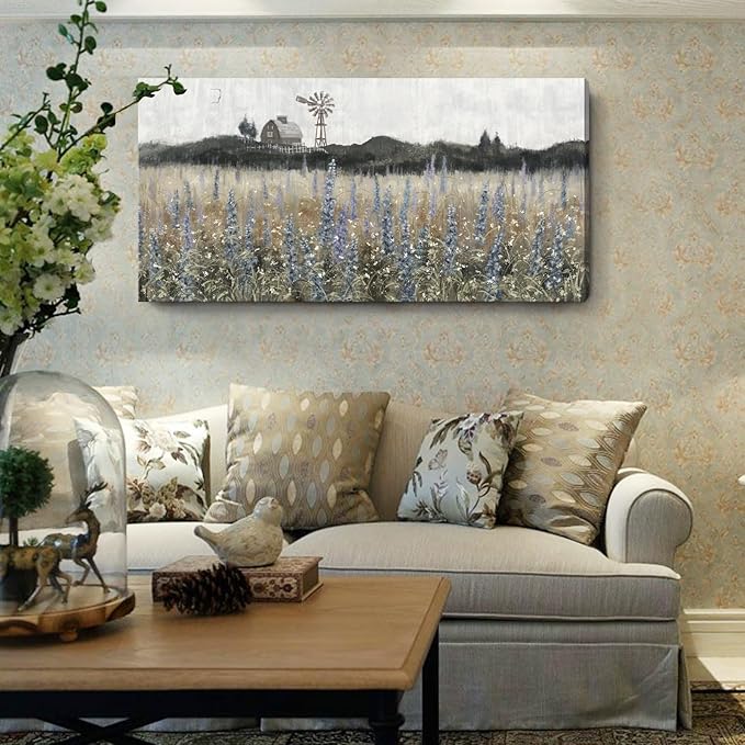 Large Wall Art for Living Room Vintage Farmhouse Decor Nature Wildflower Field Landscape Wilderness Meadow Painting Classical Scenery Canvas Print Rustic Countryside Windmill Barn Artwork 24x48inch