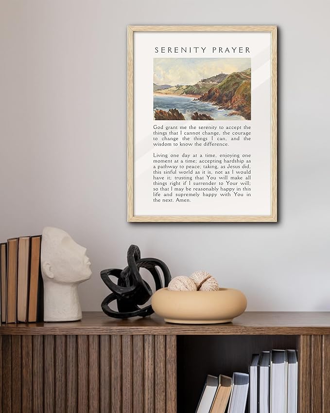 Large 16x20in OAK Wood Framed Wall Art, Serenity Prayer Bible Verse Christian Canvas Wall Decor, Blue Modern Jesus Wall Prints for Bedroom, Living Room, Bathroom, Religious Gift, 1 Pack