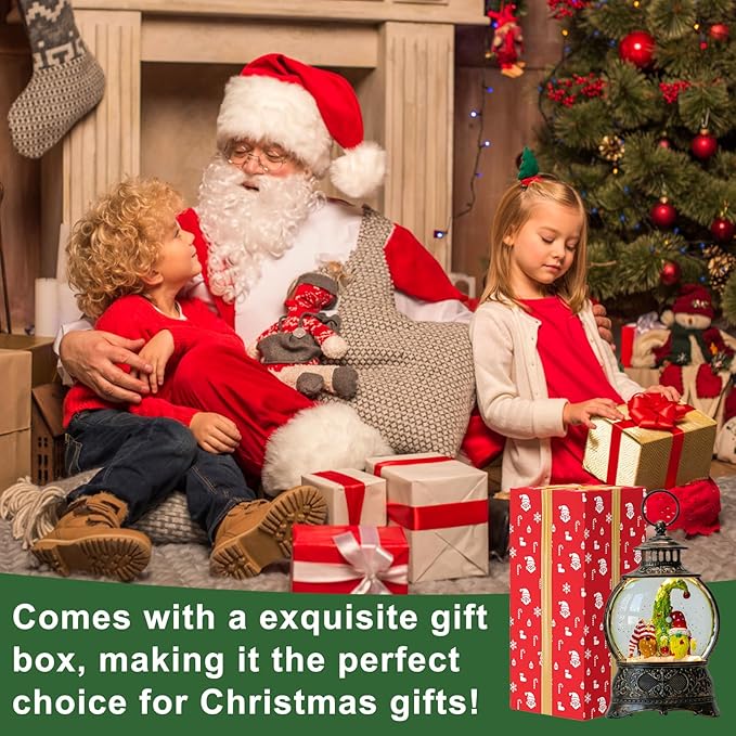 Christmas Snow Globe Lighted Gnomes Santa Elf Christmas Tree Scene, Musical Snow Water Lantern Swirling Glittering Home Decoration and Gift, Battery Operated or USB Powered