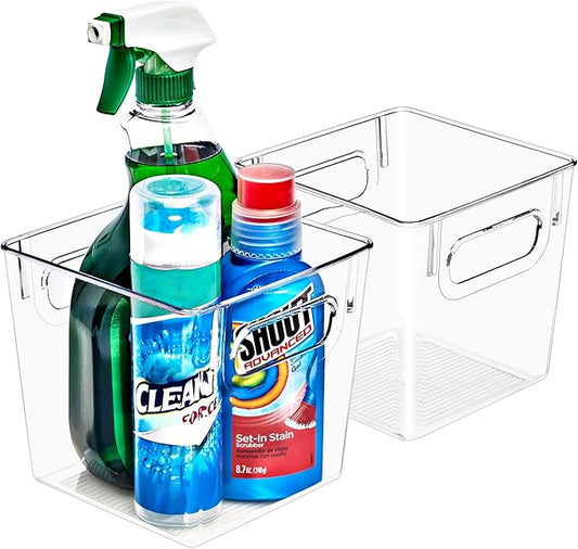 Sorbus 2 Pack Small Clear Plastic Storage Bins, Clear Organizer Bins with Handle for Kitchen, Pantry, Cabinet, Refrigerator, Craft, Toys, Clothes, Closet, Under Sink, Bathroom Organizers and Storage