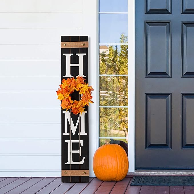 Glitzhome Wooden Welcome Home Porch Sign with Interchangeable Wreaths for Front Door, Vertical Farmhouse Standing Home Sign, Hanging Wall Sign for Year Spring Fall Thanksgiving Christmas, 42”H, Black