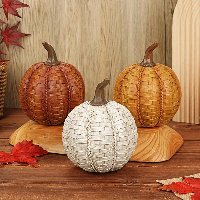 6 Inch Large Artificial Pumpkins, 3 Pcs Fall Pumpkin Decor Beige Orange Clay Brown Faux Resin Pumpkins Woven Pumpkin Centerpiece for Rustic Farmhouse Fall Thanksgiving Autumn Harvest Table Decor