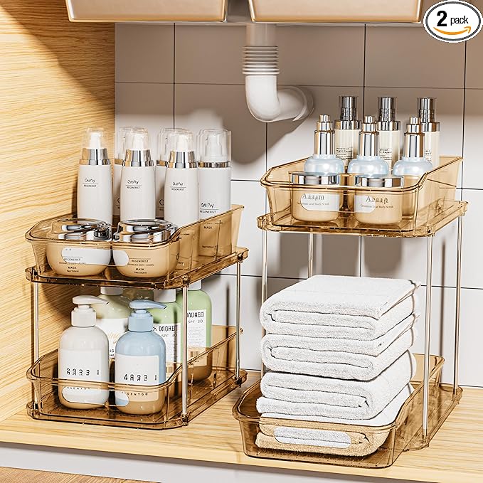 Delamu 2 Sets of 2-Tier Clear Under Sink Organizers and Storage, Multi-Purpose Stackable Bathroom Cabinet Organizers, Amber