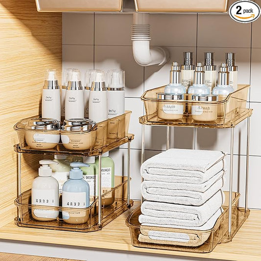 Delamu 2 Sets of 2-Tier Clear Under Sink Organizers and Storage, Multi-Purpose Stackable Bathroom Cabinet Organizers, Amber