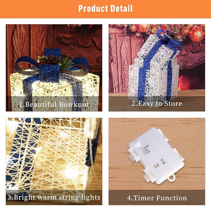 Christmas Decorations, Set of 3 Christmas Lighted Gift Boxes, Battery Operated Xmas Present Boxes, Warm White LED with Bows for Indoor Christmas Tree, Yard, Home Decor （Blue Bow）
