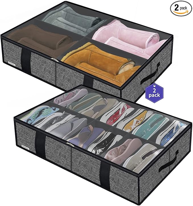 Onlyeasy 2 Pack Under Bed Shoes Storage Bag Organizer (14+4 Pairs), Collapsible Shoe Boot Container with Handles, Underbed Storage Solution for Kids & Adults, 86x60x15cm, Linen-like Black, MXAUBS14S4