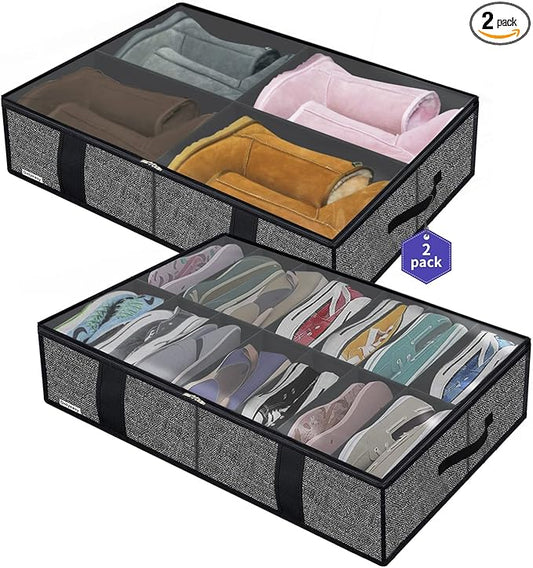 Onlyeasy 2 Pack Under Bed Shoes Storage Bag Organizer (14+4 Pairs), Collapsible Shoe Boot Container with Handles, Underbed Storage Solution for Kids & Adults, 86x60x15cm, Linen-like Black, MXAUBS14S4