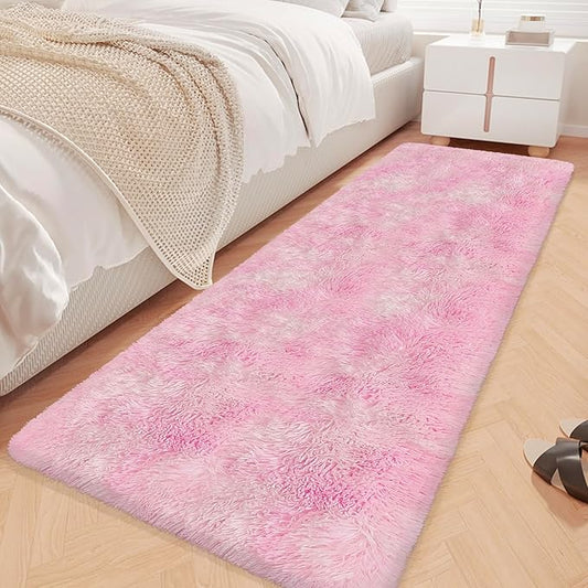 Super Soft Fluffy Living Room Area Rug 2x6 ft Tie-Dyed Light Pink Shaggy Furry Carpet Washable Non-Slip Floor Rugs Bedroom Bedside Nursery Kawaii Rug Fuzzy Girls Dorm Home Decor Aesthetic