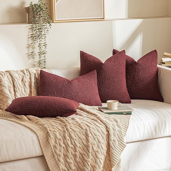 MIULEE 18x18 Inch Decorative Pillow Covers for Couch Bed Set of 2 Textured Boucle Neutral Throw Pillows Burgundy Accent Solid Cushion Pillowcase Cozy Soft Sofa Livingroom Home Decor