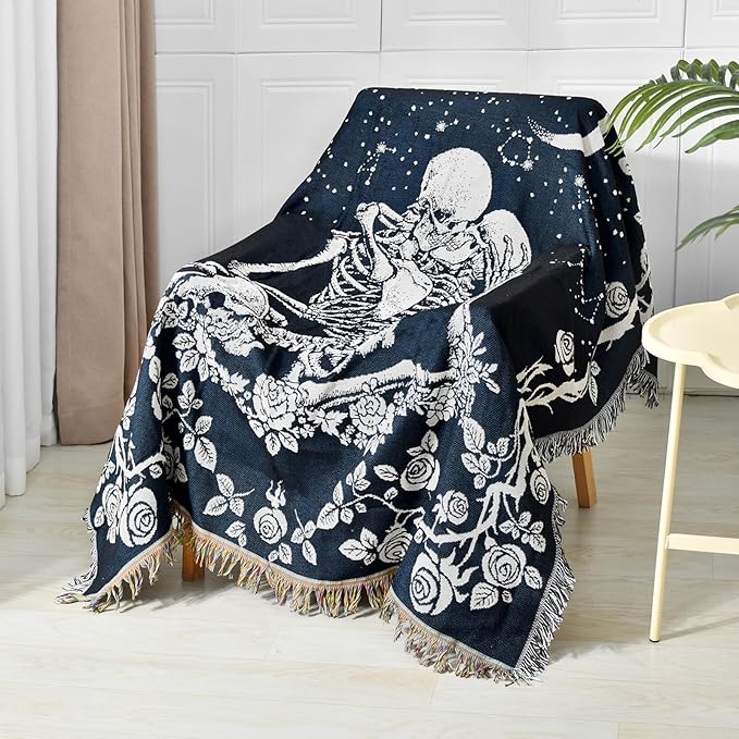 Boho Throw Blanket Reversible Cotton Bohemian Tapestry Hippie Room Decor Double Sided (Boho Skeleton Lover Moon Blue 50"x60")