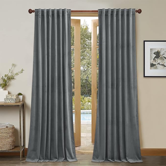 StangH Curtains Velvet Silver Grey - Bedroom Window Curtains 96 inches Long Super Soft Thick Room Darkening Curtain Drapes for Living Room/Kitchen, Light Grey, W52 x L96, 2 Panels