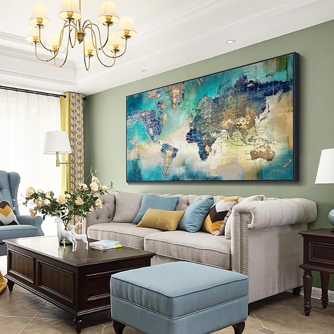 Pogusmavi World Map Canvas Art - Abstract Wall Art for Office & Living Room, Green, 30x60 Black Framed