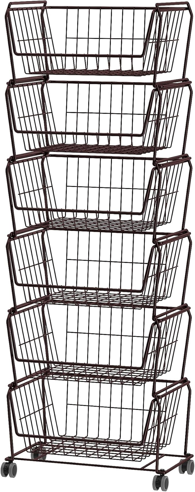PUSDON Stackable Metal Storage Carts, Dual Use Shelf for Kitchen Fruit Vegetable Baskets with Wheels, Storage Rack for Living Room, Home & Office, Standard Bronze 6 Tiers