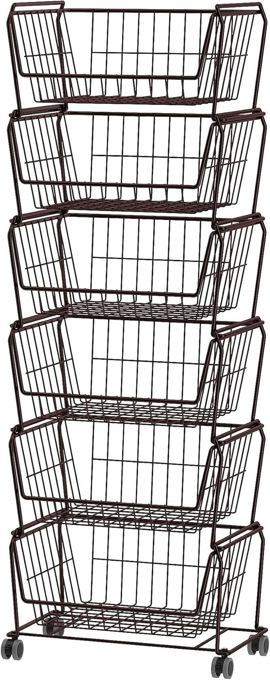 PUSDON Stackable Metal Storage Carts, Dual Use Shelf for Kitchen Fruit Vegetable Baskets with Wheels, Storage Rack for Living Room, Home & Office, Standard Bronze 6 Tiers