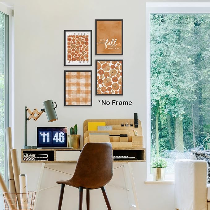 TLESKE Orange Fall Pumpkins Market Posters Prints Unframed Set of 4, Autumn Aesthetic Wall Art Prints for Dorm Bedroom Living Room, I Love Fall Most of All Pictures Wall Decor, 12x16