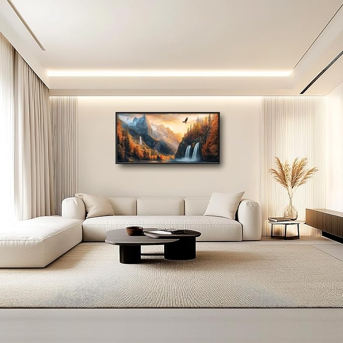 Large Mountain Waterfall Wall Art for Living Room, Forest Tree Canvas Wall Decor, Sunset Eagle Pictures Framed Painting, Natural Landscape Artwork for Bedroom Office 60L'' × 30W''