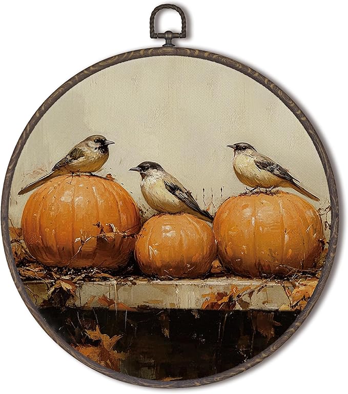 XNXLDYLH Vintage Fall Pumpkin Bird Round Framed Wall Art Decor, Cottagecore Harvest Antique Hanging Wall Decor Decorations, Rustic Fall Autumn Canvas Prints Wall Art Paintings for Living Room, 10x10In