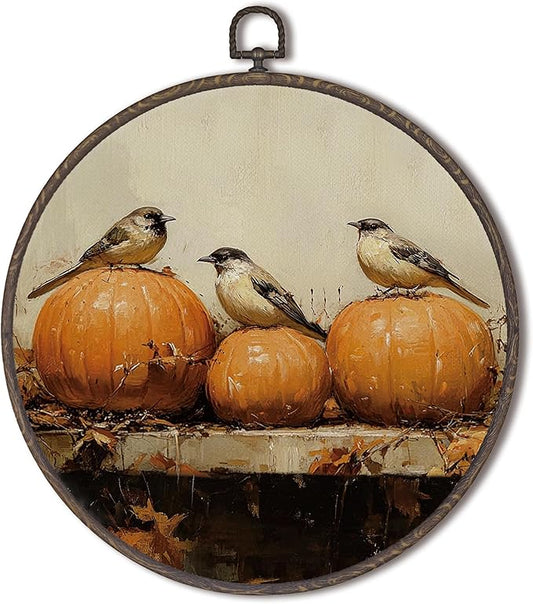 XNXLDYLH Vintage Fall Pumpkin Bird Round Framed Wall Art Decor, Cottagecore Harvest Antique Hanging Wall Decor Decorations, Rustic Fall Autumn Canvas Prints Wall Art Paintings for Living Room, 10x10In