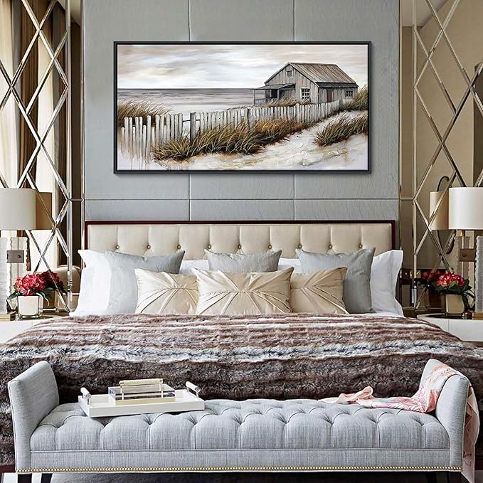 YDYSUNE Wall Art for Living Room - Beach fenced house Canvas Wall Decor for Home artwork Painting 24x48 Inches Canvas Print for Bedroom Decor Modern Salon Kitchen Office Hang a Picture