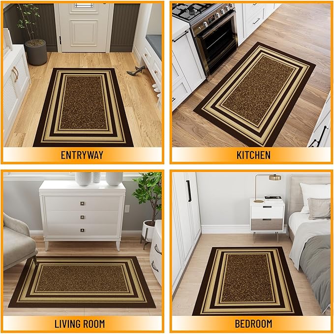 Ottomanson 3'3" x 5' Rugs for Living Room Border Area Rug for Bedroom - Non Slip Durable Large Floor Carpet for High Traffic Areas - Indoor Rug for Dining Room Kitchen Kids Playroom, Brown