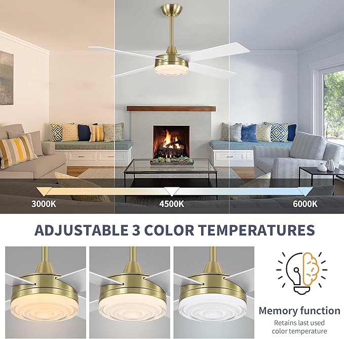 WINGBO 52 Inch Ceiling Fan with Lights and Remote, 3CCT, Modern Ceiling Fan with Ripple Glass Shade, 6-Speed Reversible DC Motor for Bedroom Living Room Kitchen Hallway, Brass and White