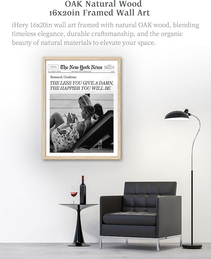 iHery Natural OAK Wood Newspaper Trendy Black White Framed Wall Art, Large 16x20 in Vintage Headline Beige Canvas Wall Art, The Less You Give a Damn, Set of 1 Apartment Bedroom Decor College Dorm