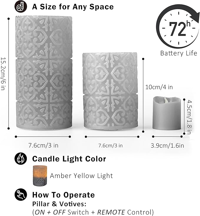 FURORA LIGHTING Grey Rome Real Wax LED Candles with Remote and Timer, 4 Pillar and 4 Votives Pack of 8, Flameless Flickering Candles for Home Décor, Battery Included