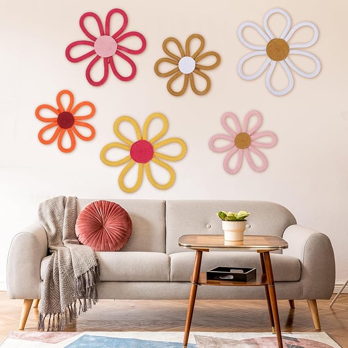 Barydat 6 Pcs Boho Nursery Decor Daisy Flower Woven Macrame Wall Hanging 3 Size Daisy Flower Wall Decor Bohemian Nursery Decorations for Home Dorm Art(Fresh Color)
