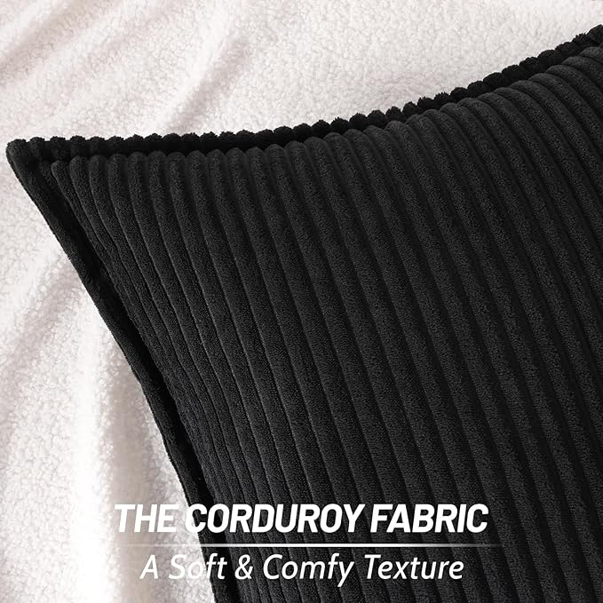 Mecatny Corduroy Throw Pillow Covers 22x22 Set of 2, Neutral Decorative Soft Boho Couch Pillow Covers with Broadside for Sofa Living Room, Black