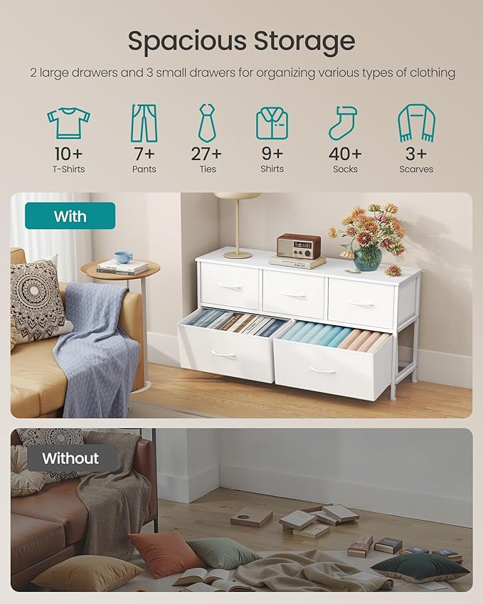 SONGMICS Dresser for Bedroom, Chest of Drawers, TV Stand, Steel, MDF, 5 Non-Woven Fabric Drawers, Storage Organizer Unit, Closet, Entryway, Cloud White and Snow White ULGS322W01S