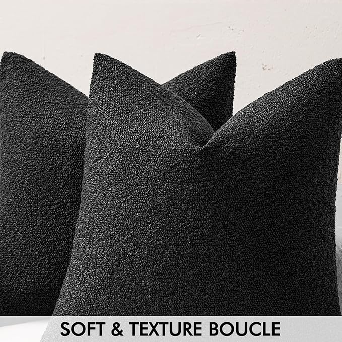 MIULEE 24x24 Decorative Euro Sham Throw Pillows for Bed Set of 2 Textured Boucle Neutral Throw Pillow Coverss Halloween Black Accent Solid Couch Pillowcase Cozy Soft Sofa Livingroom Home Decor