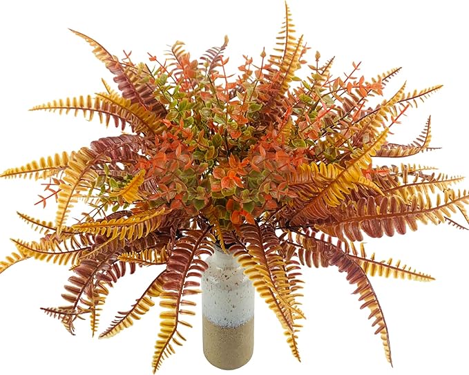 Uieke 6PCS Artificial Fall Flowers Outdoor UV Resistant, 3PCS Fall Fake Plants with 3PCS Autumn Boston Fern Plants Bushes for Outside Garden Front Porch Sidewalk Window Box Fall Décor Orange