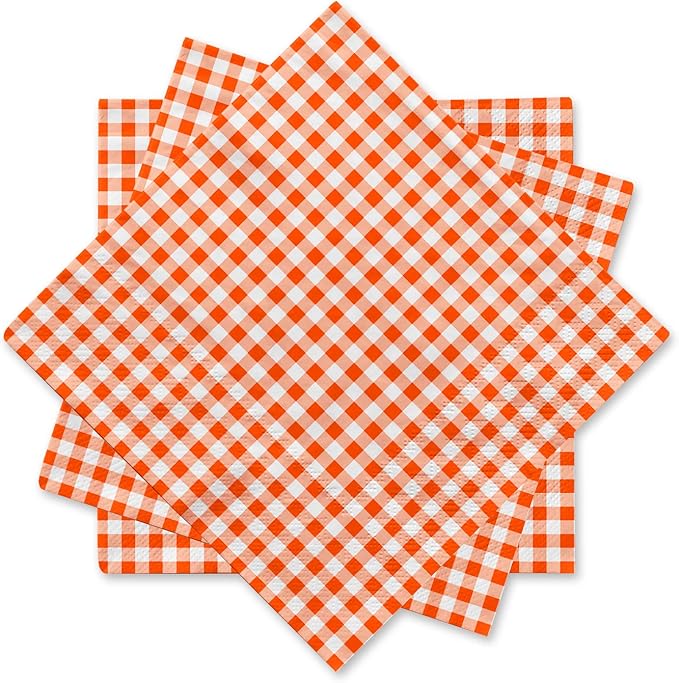 Gatherfun Disposable Paper Napkins 3-ply Orange and White Gingham Beverage Napkins for Dinner, Picnic, Birthday Party（6.5X6.5 in, 50-Pack)